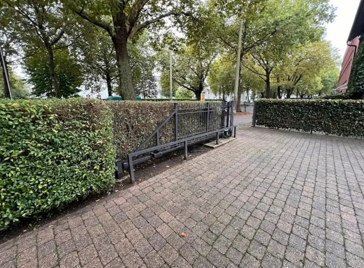 Sauber geschnittene Hecke entlang eines gepflasterten Gehwegs